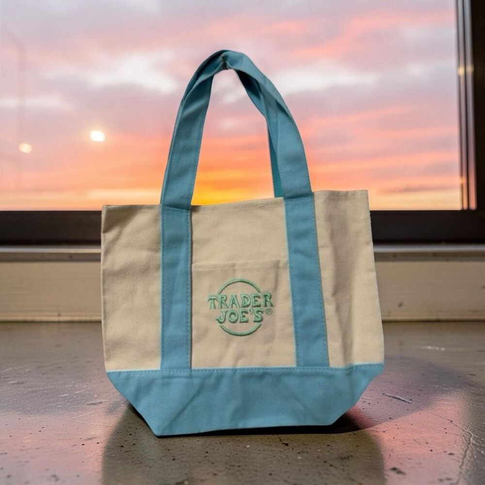 Spring Pastel Blue Embroidered Trader Joe's Mini Canvas Tote Bag 2025 EASTER
